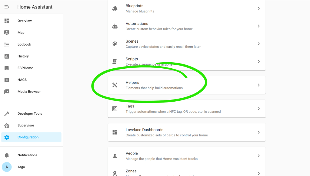 Screenshot of Home Assistant Configuration screen showing an entry called "Helpers"