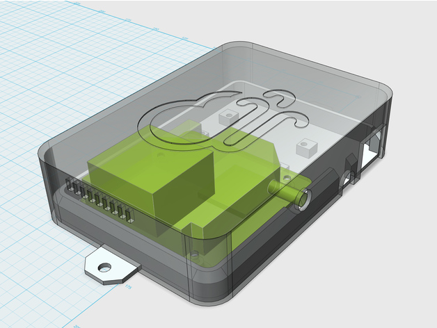 3D computer render of a low, flat case, with mounting tabs on either side. There's an exhaust vent, and some holes for the intake and cables.