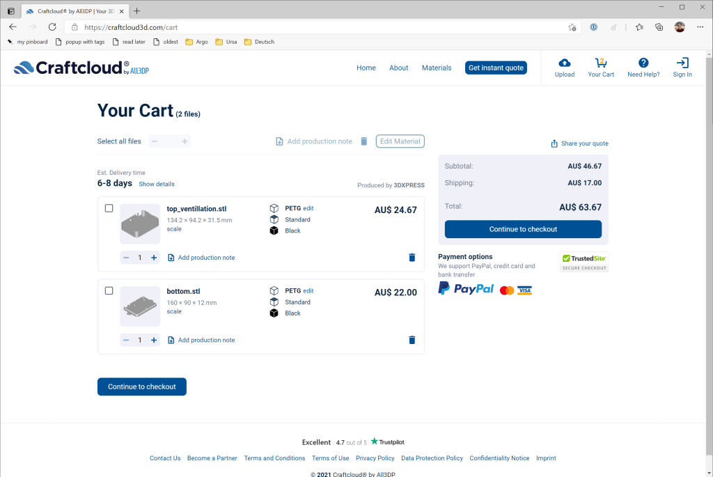 Screenshot of Craftcloud3D checkout showing the top and bottom parts of the case in the cart. Total cost is AU$63.67.