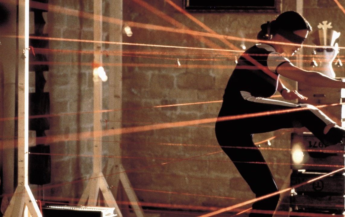 Catherine Zeta Jones navigating through visible lasers, from the movie 'Entrapment'.